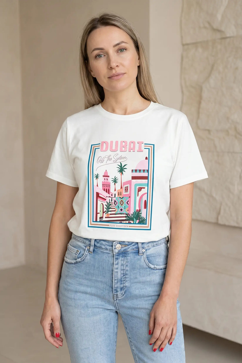 Camiseta Blanca Mujer DUBAI Rosa Verde Algodón