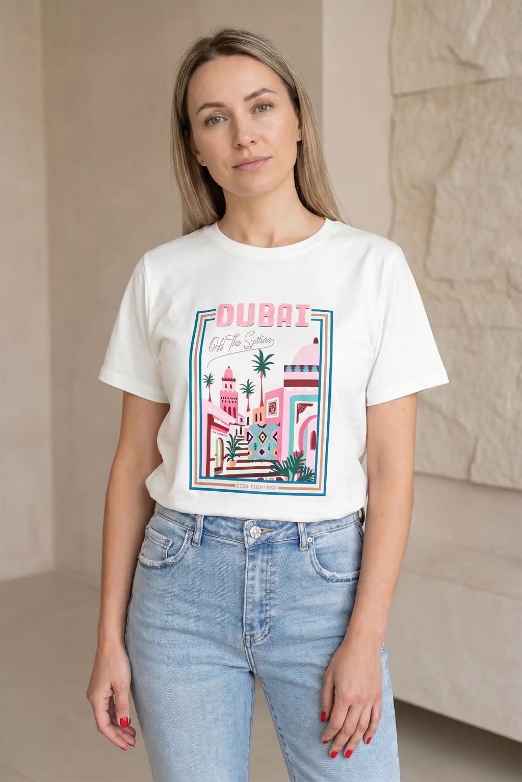 Camiseta Blanca Mujer DUBAI Rosa Verde Algodón