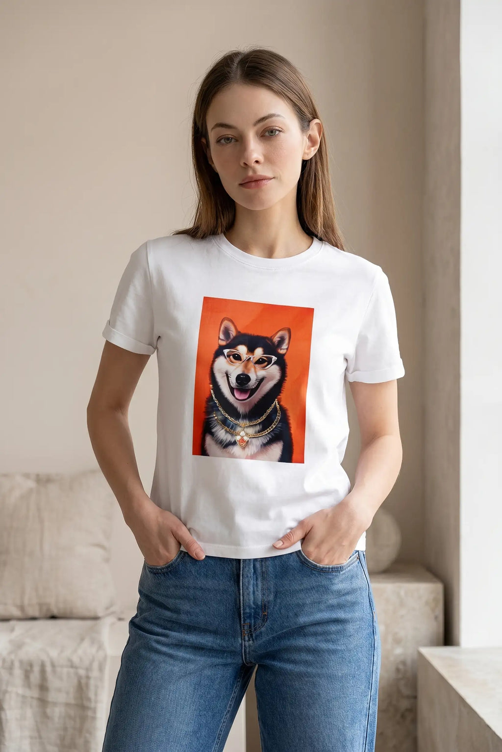 Camiseta Mujer Shiba Inu con Gafas de Sol | Estampado Divertido