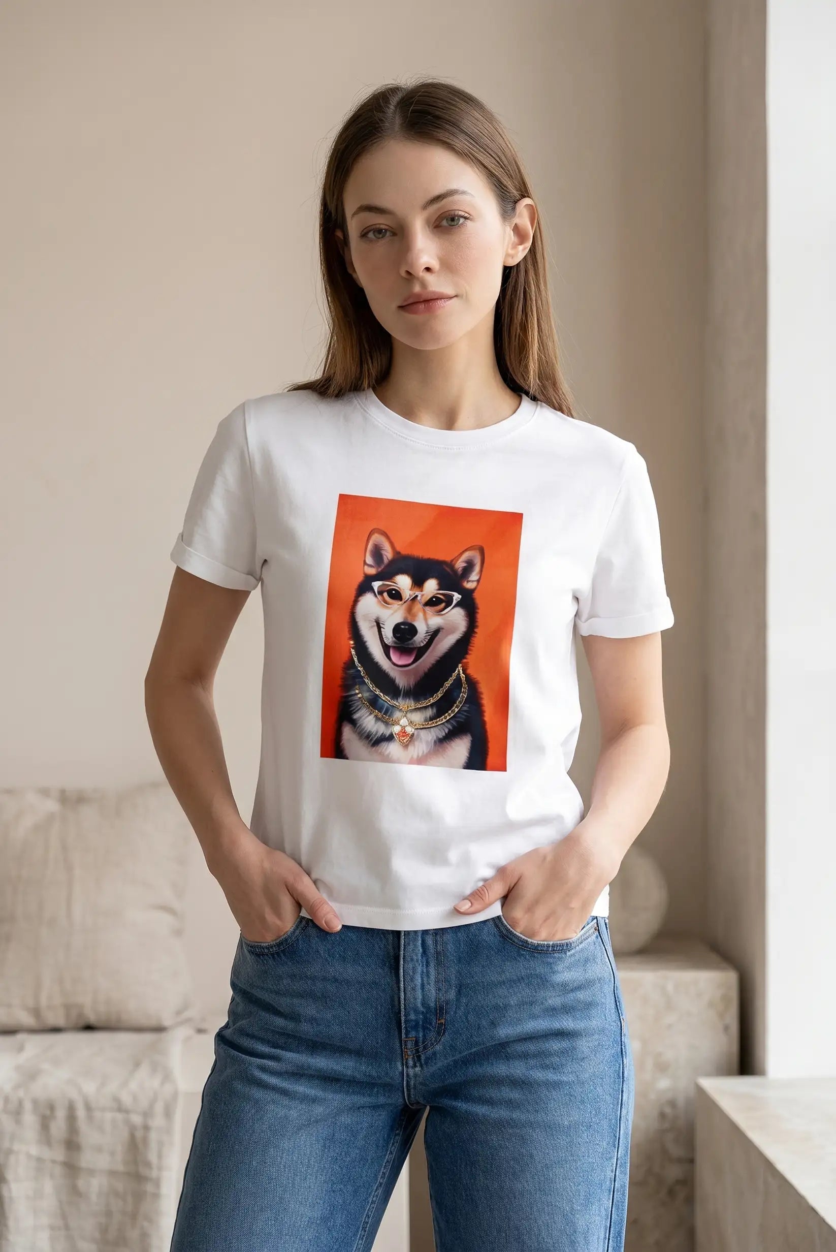 Camiseta Mujer Shiba Inu con Gafas de Sol | Estampado Divertido