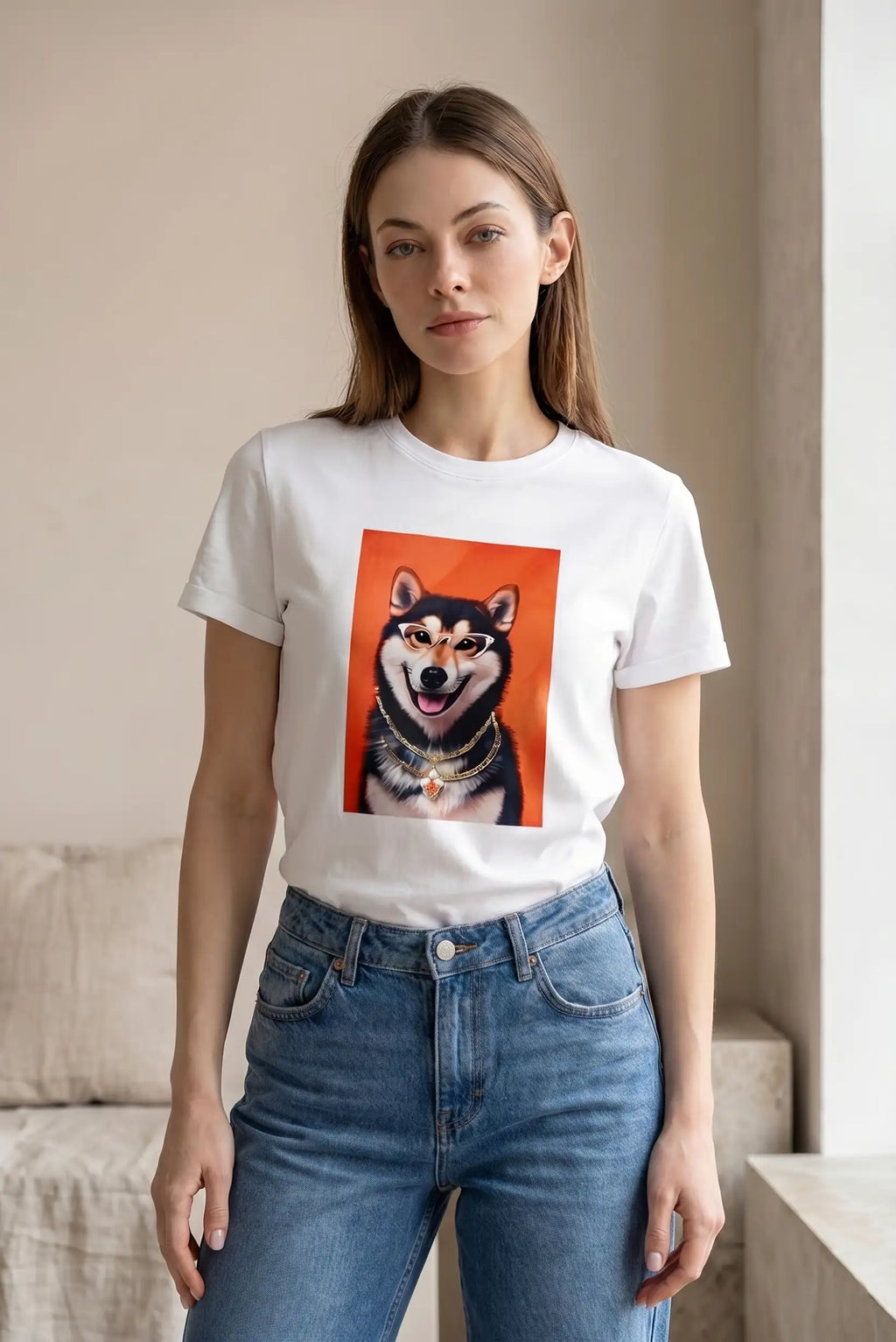 Camiseta Mujer Shiba Inu con Gafas de Sol | Estampado Divertido