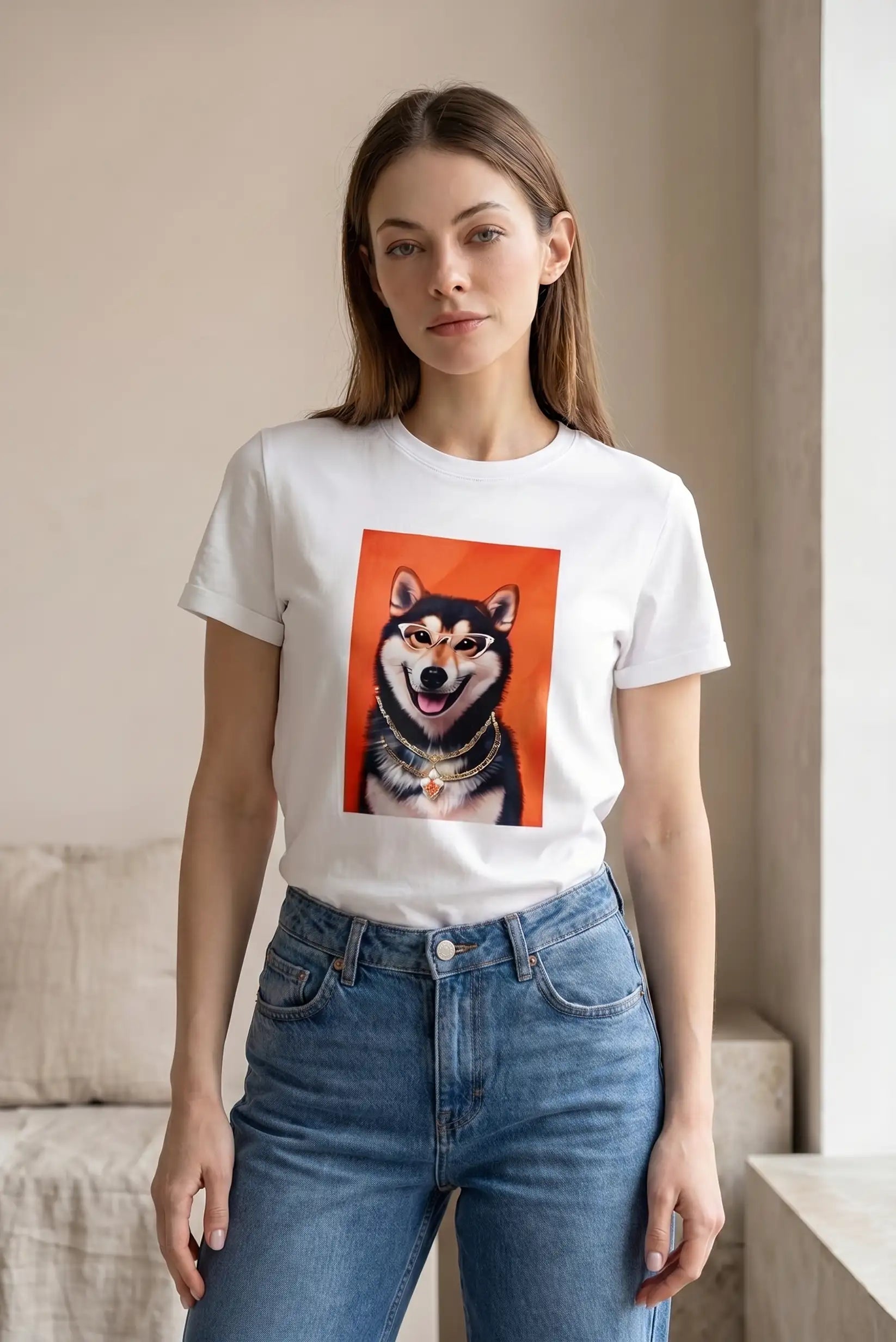 Camiseta Mujer Shiba Inu con Gafas de Sol | Estampado Divertido