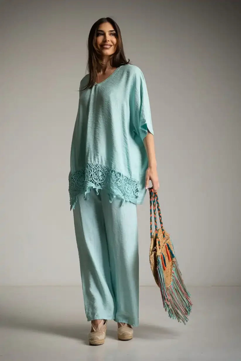Camiseta Oversize Mujer Turquesa con Puntilla Boho Chic Verano