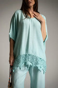 Camiseta Oversize Mujer Turquesa con Puntilla Boho Chic Verano