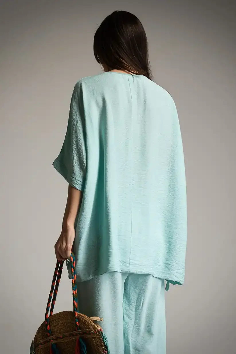 Camiseta Oversize Mujer Turquesa con Puntilla Boho Chic Verano