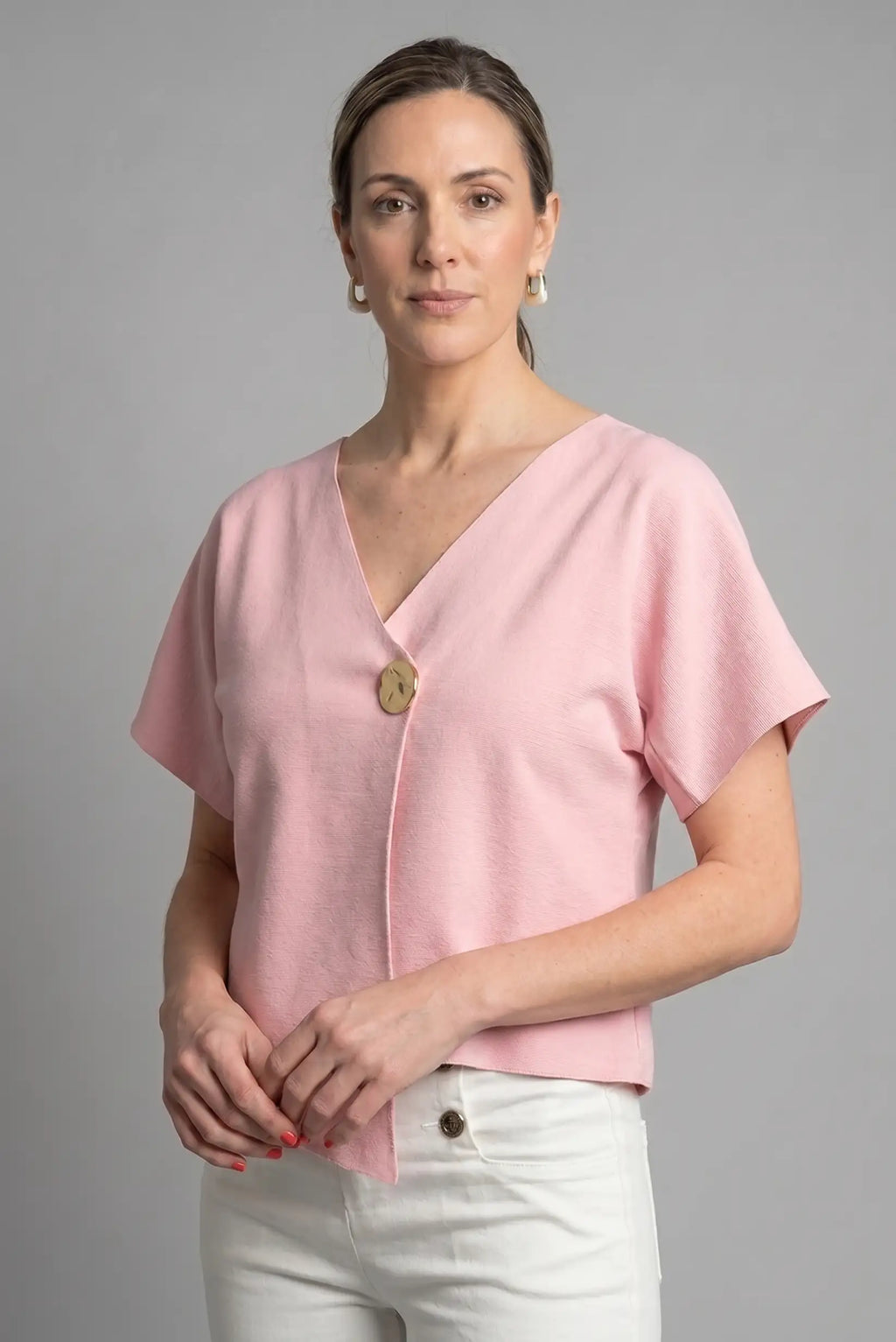 Top Rosa Cruzado de Punto con Botón Dorado Primavera Mujer