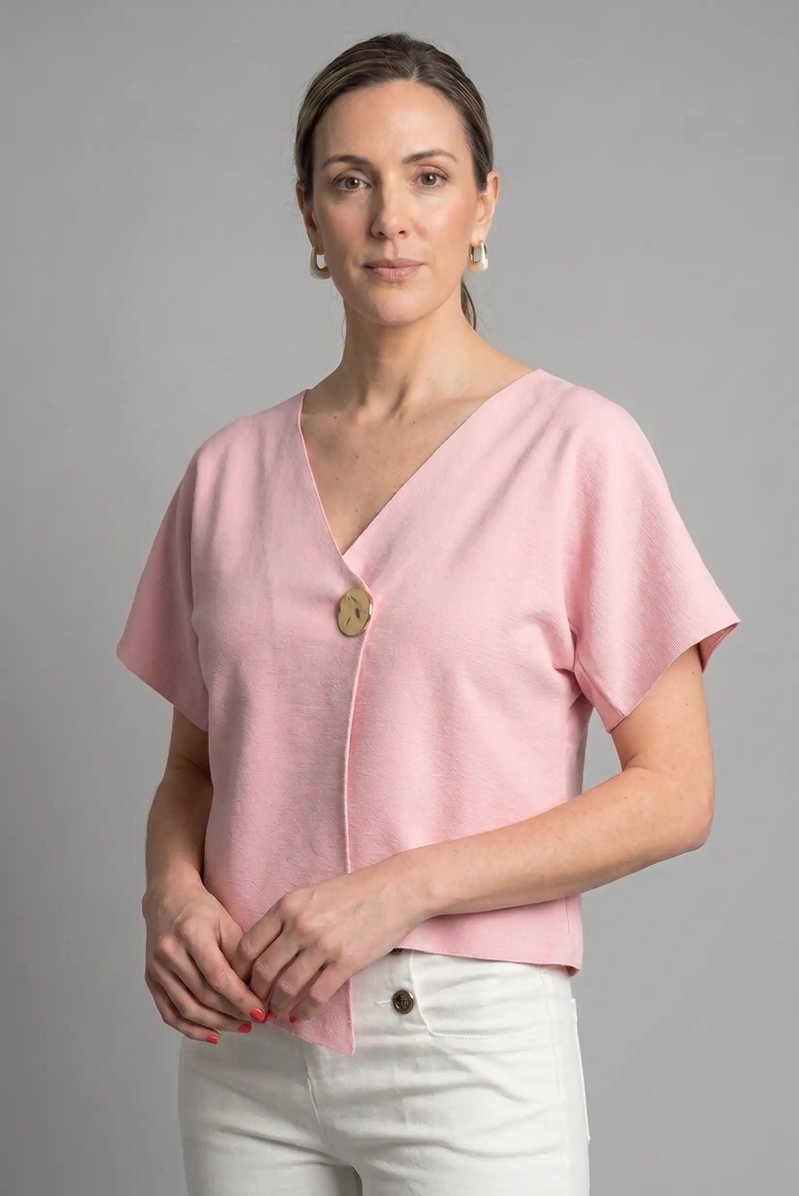 Top Rosa Cruzado de Punto con Botón Dorado Primavera Mujer