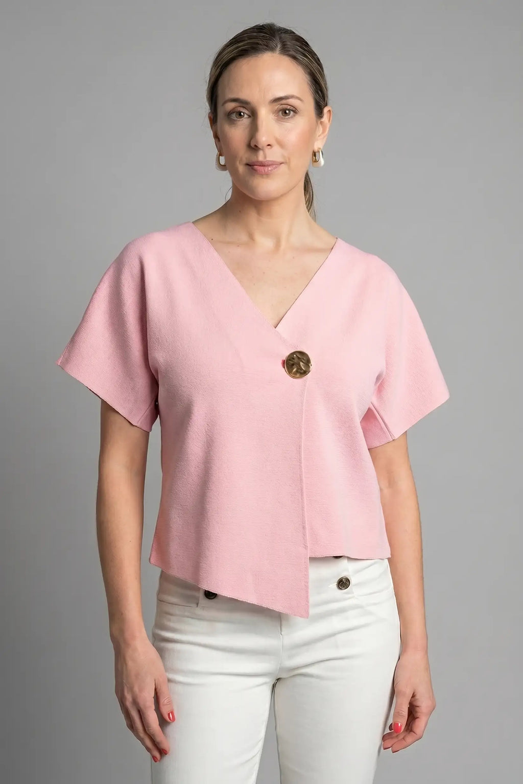 Top Rosa Cruzado de Punto con Botón Dorado Primavera Mujer