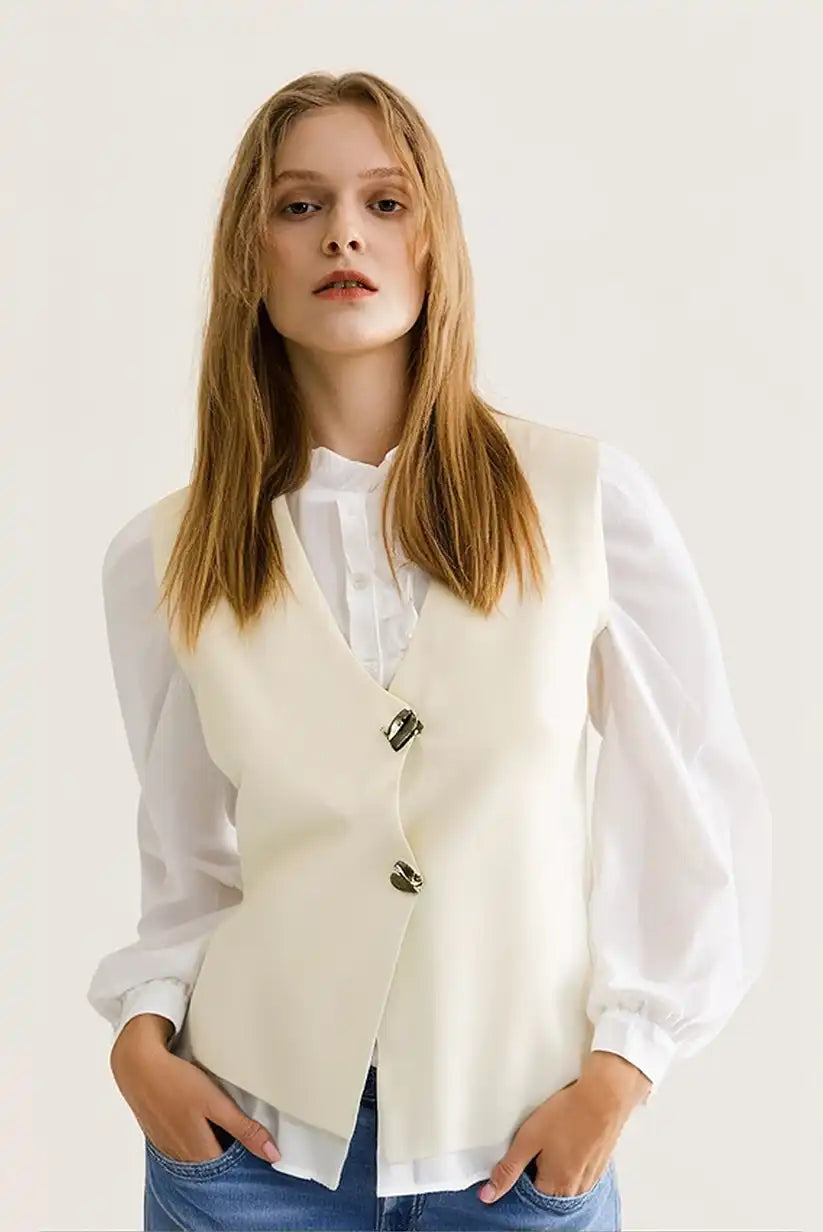 Chaleco De Punto Beige Mujer Con Botones Dorados Elegante Casual