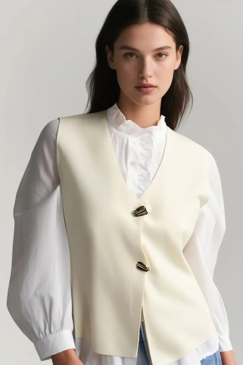 Chaleco De Punto Beige Mujer Con Botones Dorados Elegante Casual