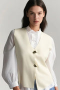 Chaleco De Punto Beige Mujer Con Botones Dorados Elegante Casual
