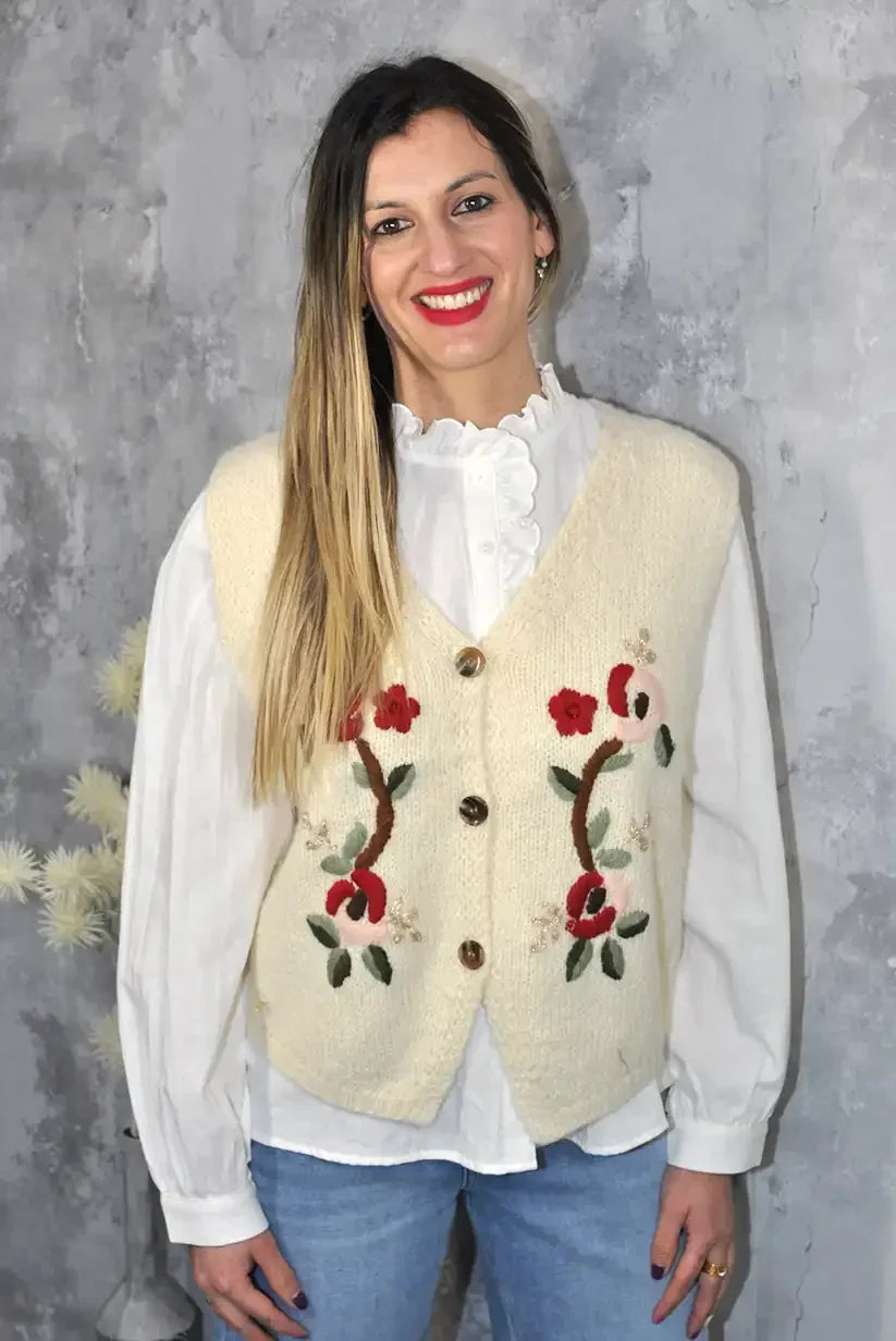 Chaleco de Punto Bordado Mujer Provenza Beige