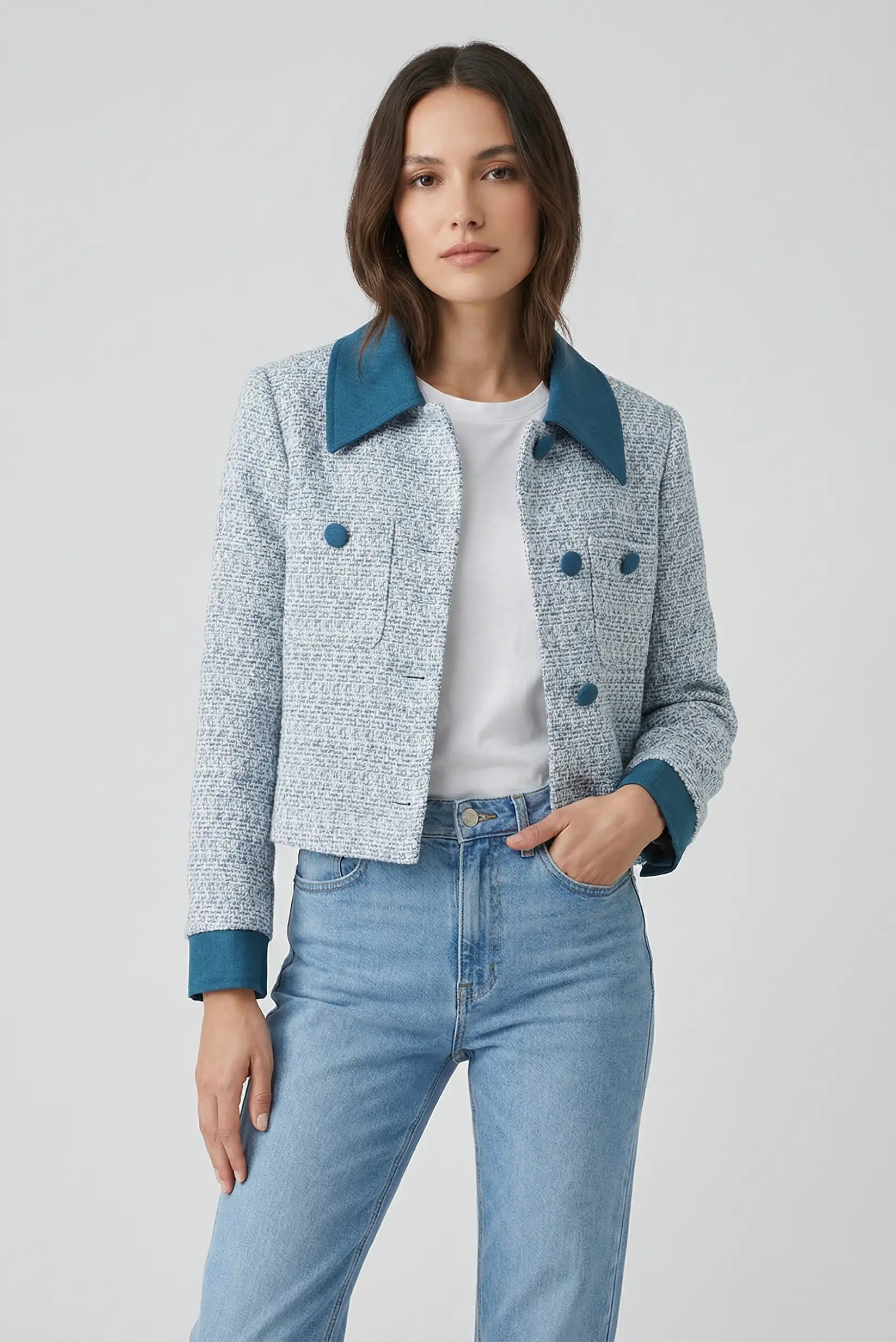 Chaqueta corta de tweed estructurada con cuello camisero azul