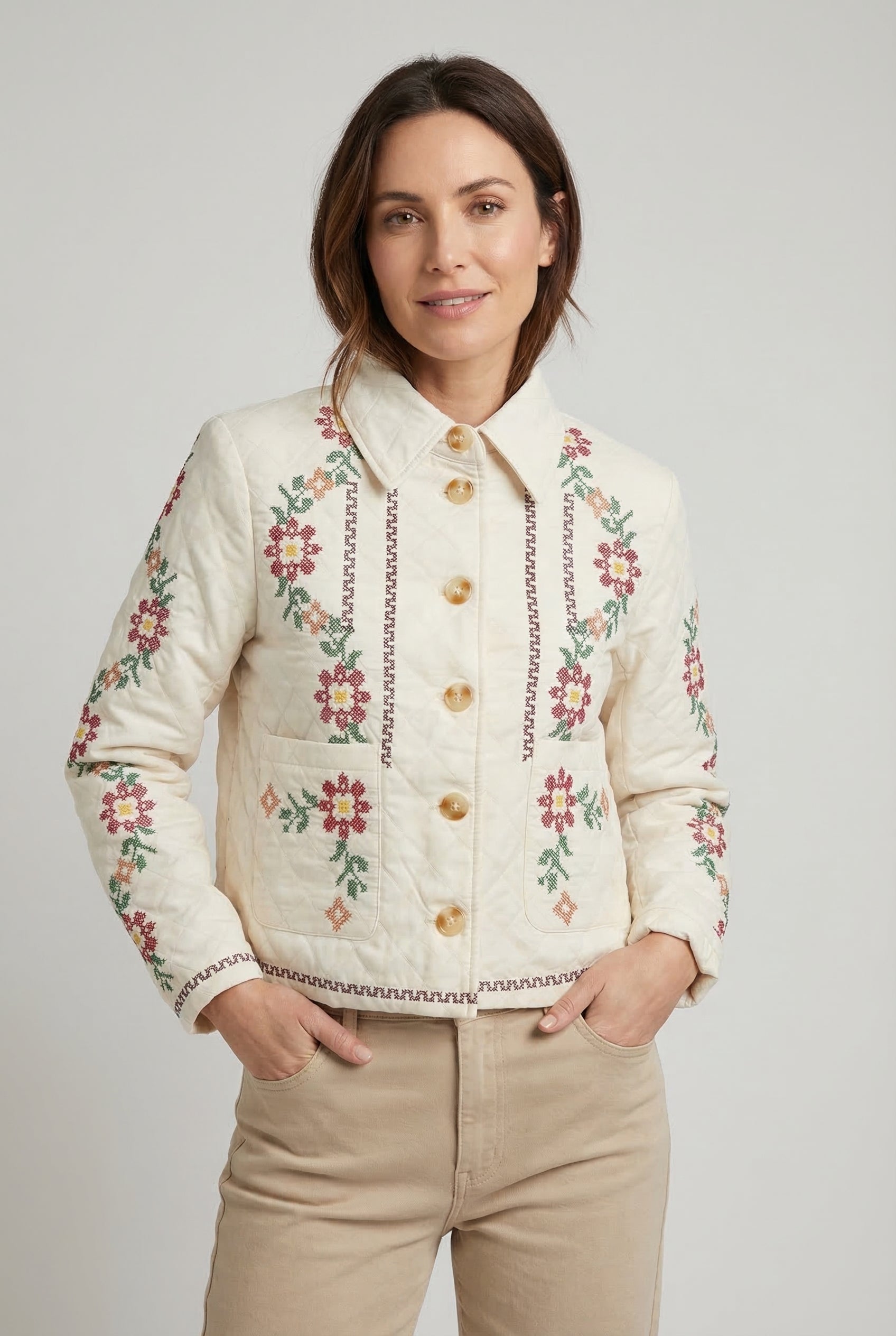 Chaqueta mujer Beige Bordada Floral Primavera