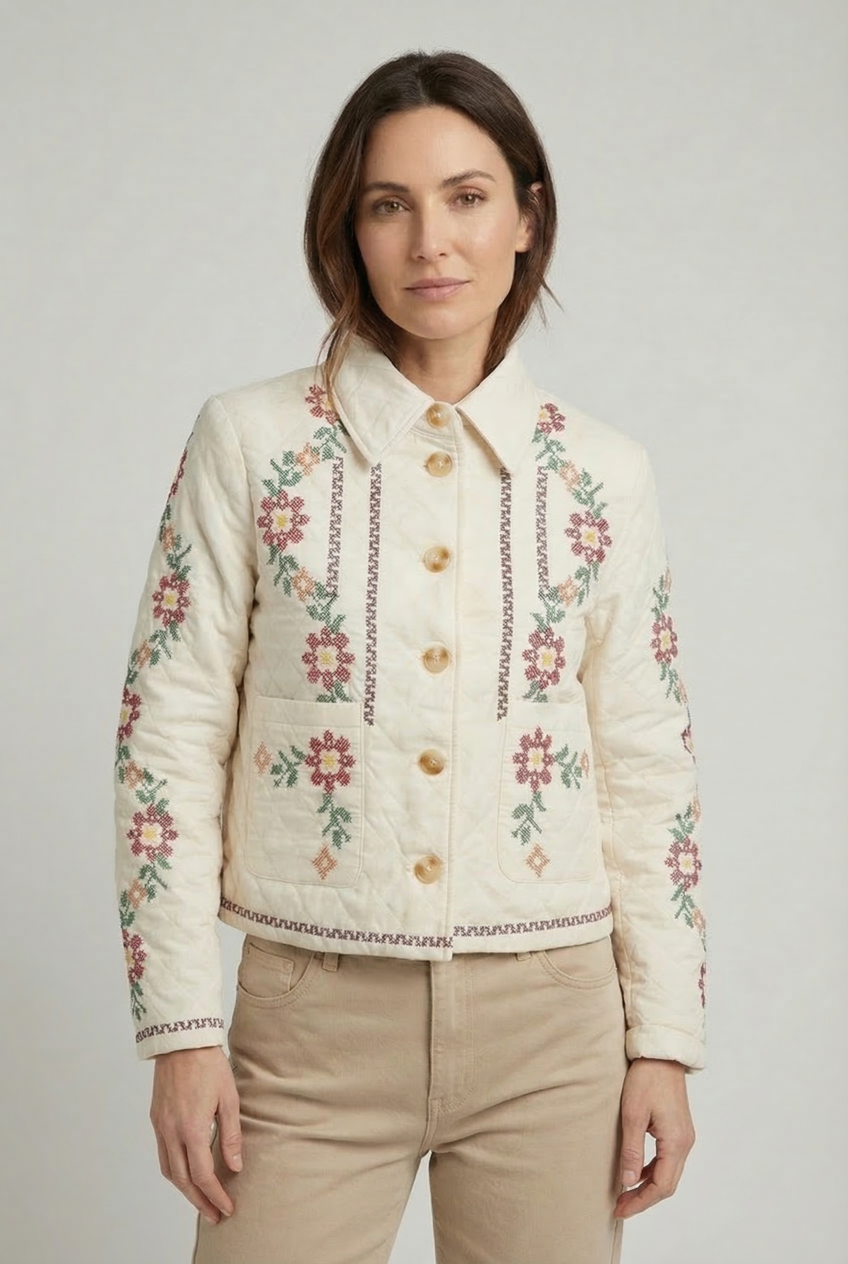 Chaqueta mujer Beige Bordada Floral Primavera