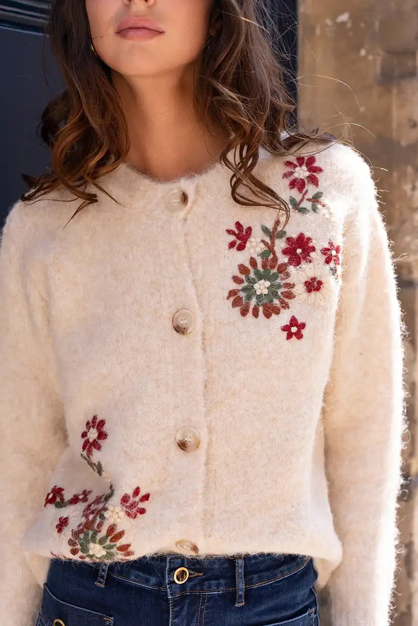 Chaqueta Mujer Beige Bordada Floral Elegante Cálida y Cómoda
