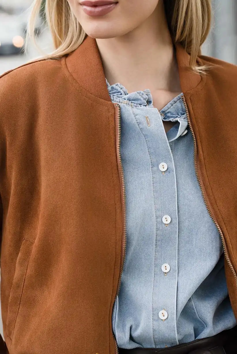 Chaqueta Bomber Mujer Camel Otoño con Cremallera Moderna