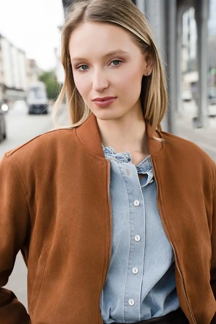 Chaqueta Bomber Mujer Camel Otoño con Cremallera Moderna