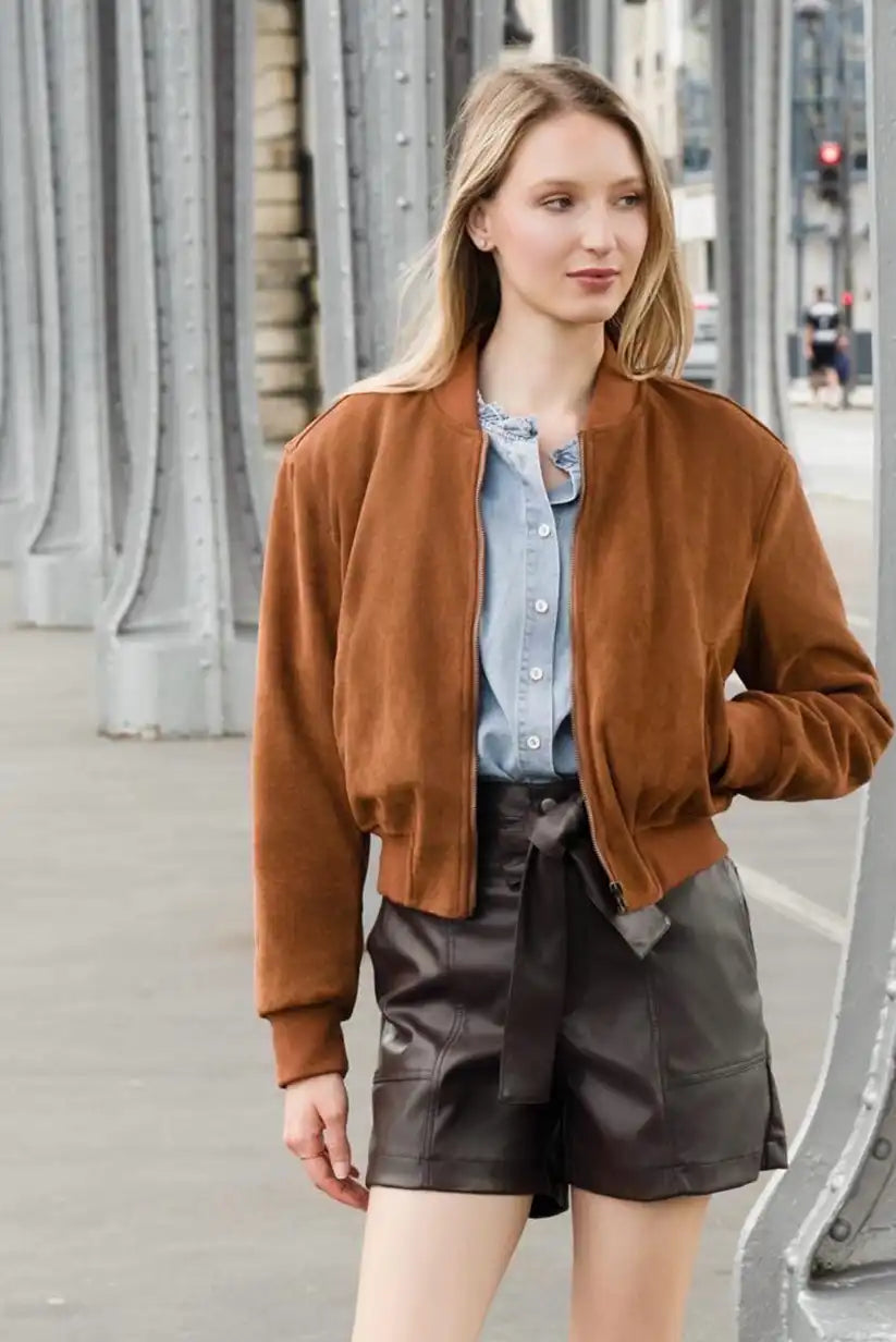 Chaqueta Bomber Mujer Camel Otoño con Cremallera Moderna