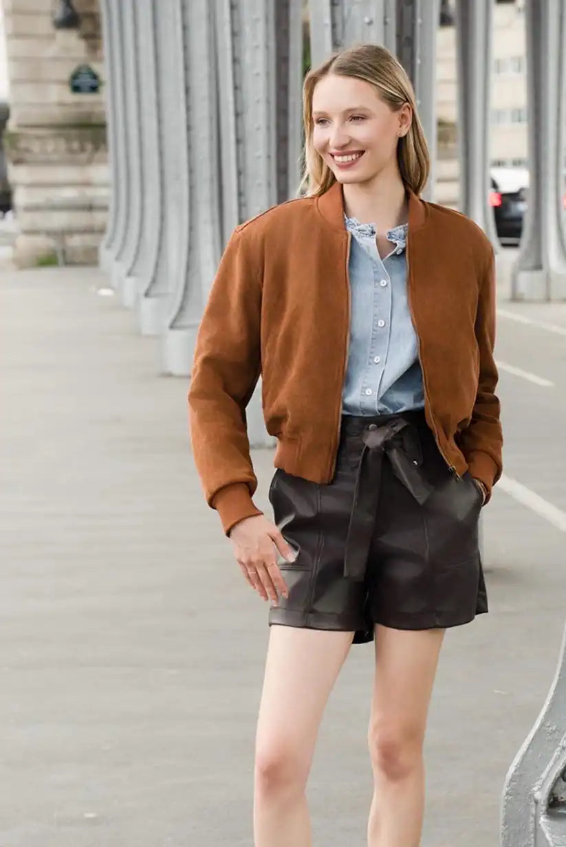Chaqueta Bomber Mujer Camel Otoño con Cremallera Moderna