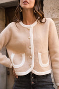 Chaqueta Camel Mujer Ribete Blanco Botones Dorados Elegante Otoño