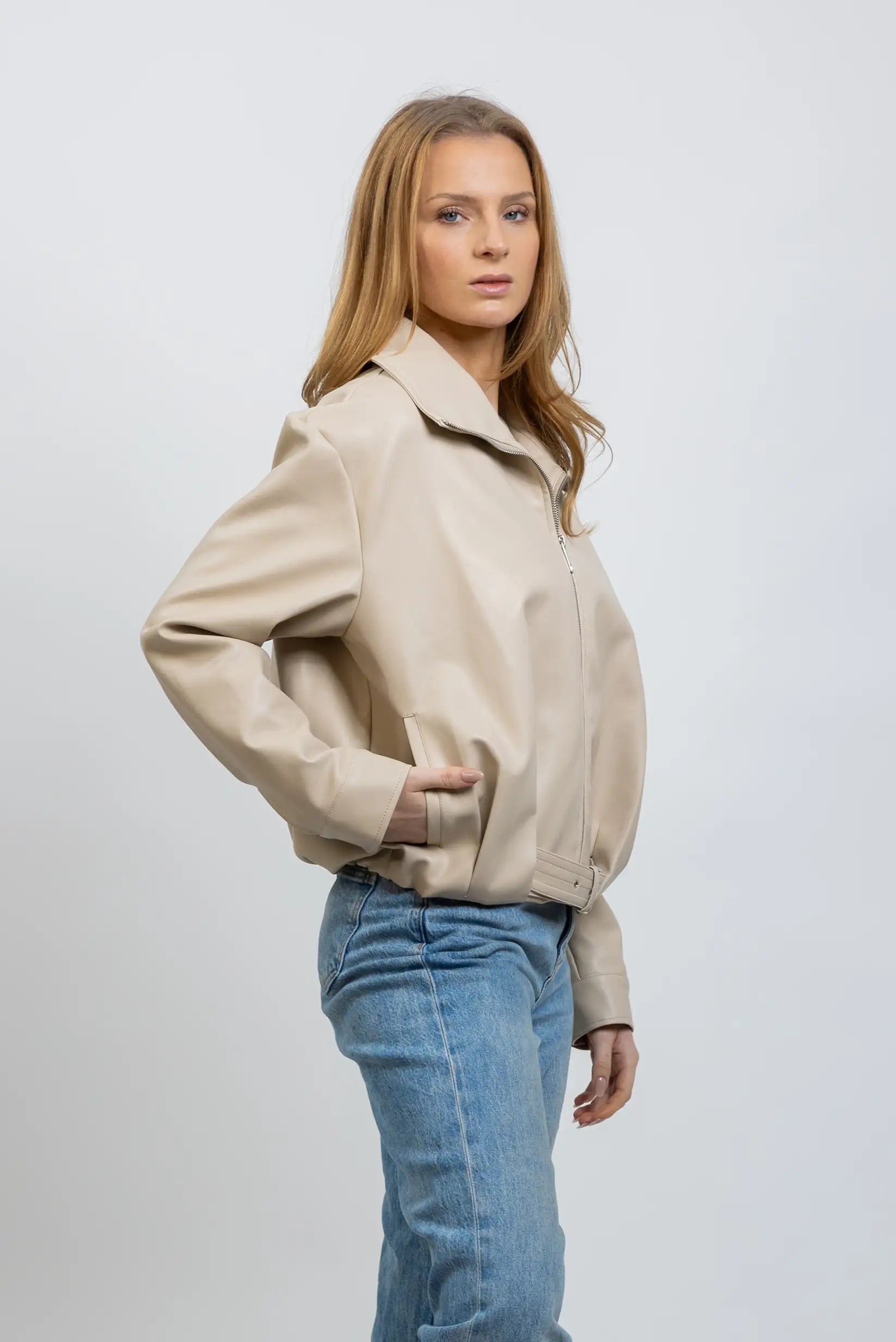 Chaqueta Mujer tipo cuero Beige Estilo Blouson | Entretiempo Primavera