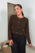Chaqueta Punto Mujer Marrón Abotonada con Bolsillos Decorativos