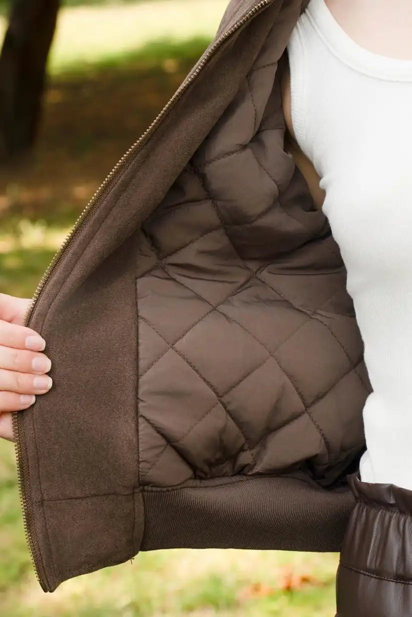 Chaqueta Bomber Mujer Marrón Chocolate Otoño con Cremallera Moderna