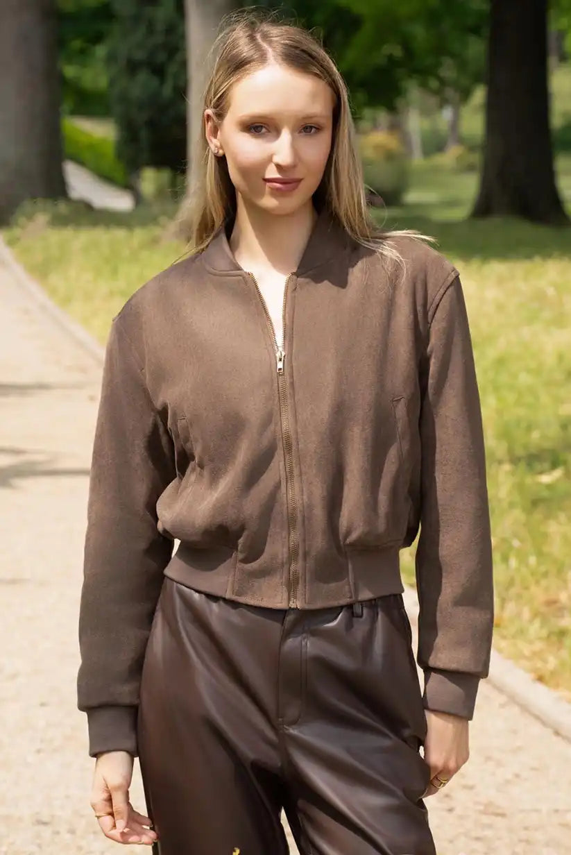 Chaqueta Bomber Mujer Marrón Chocolate Otoño con Cremallera Moderna