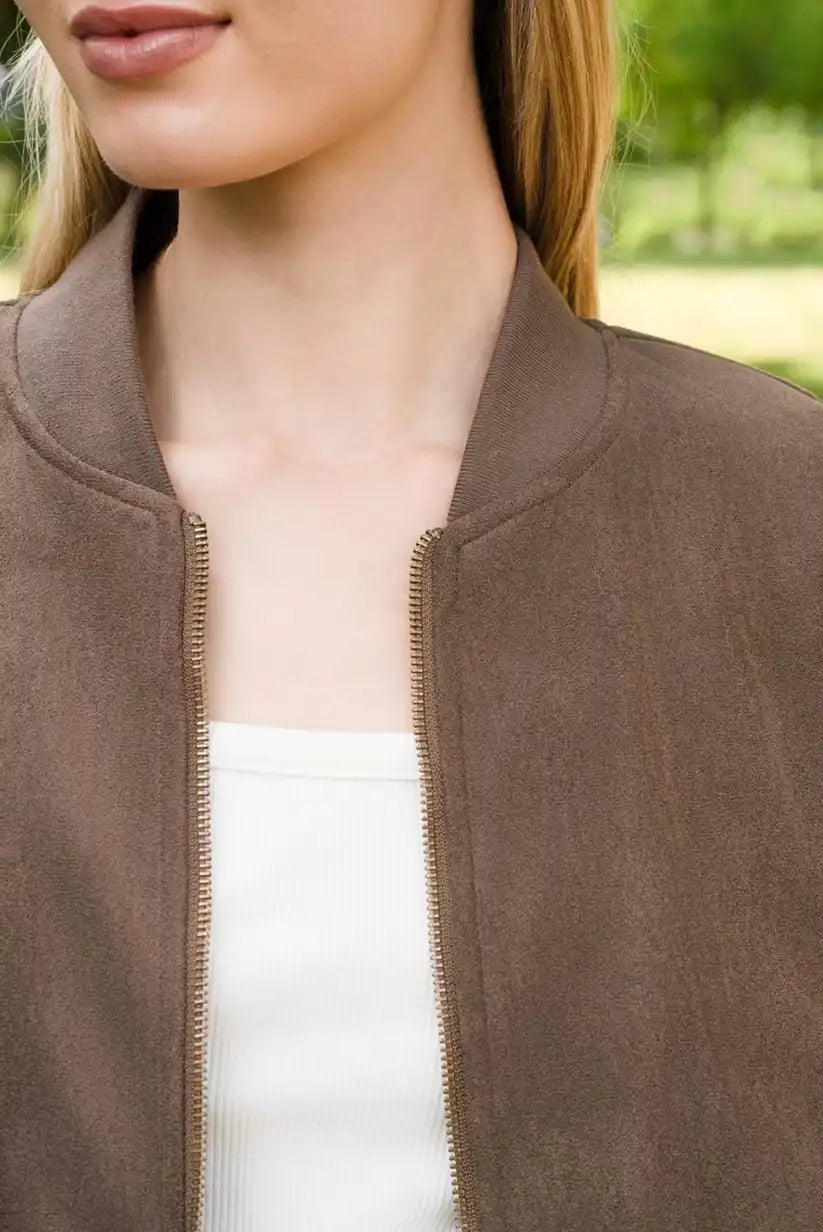 Chaqueta Bomber Mujer Marrón Chocolate Otoño con Cremallera Moderna