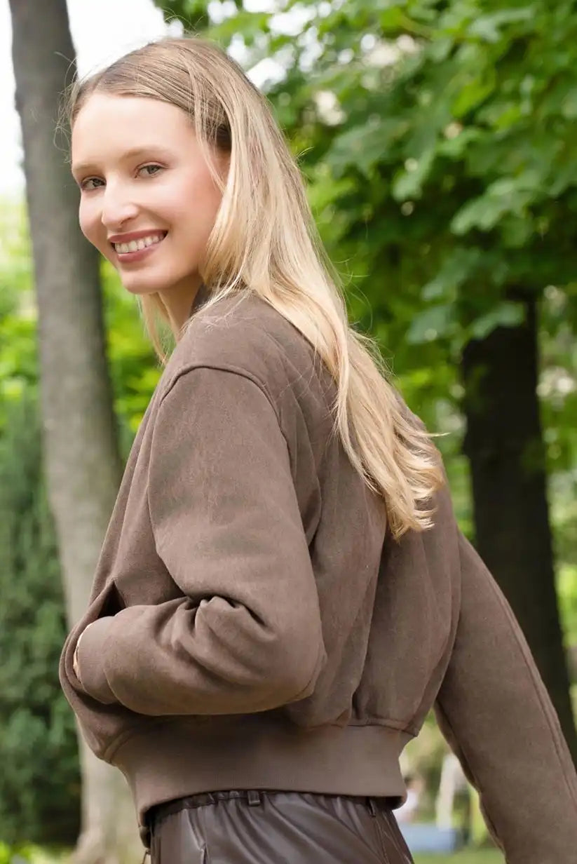 Chaqueta Bomber Mujer Marrón Chocolate Otoño con Cremallera Moderna