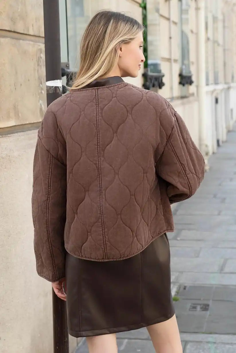 Chaqueta Acolchada Marrón Chocolate Sin Cuello Mujer Casual Chic