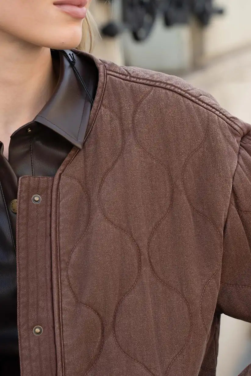 Chaqueta Acolchada Marrón Chocolate Sin Cuello Mujer Casual Chic