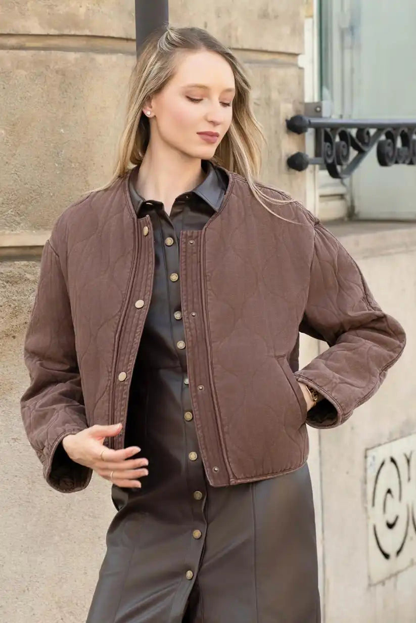 Chaqueta Acolchada Marrón Chocolate Sin Cuello Mujer Casual Chic