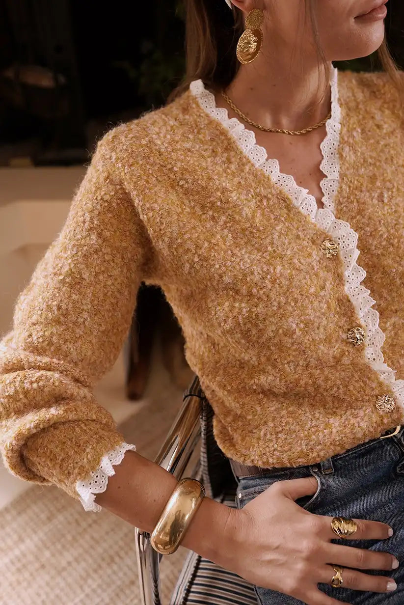 Chaqueta Mostaza Mujer con Encaje y Botones Joya Bouclé Vintage