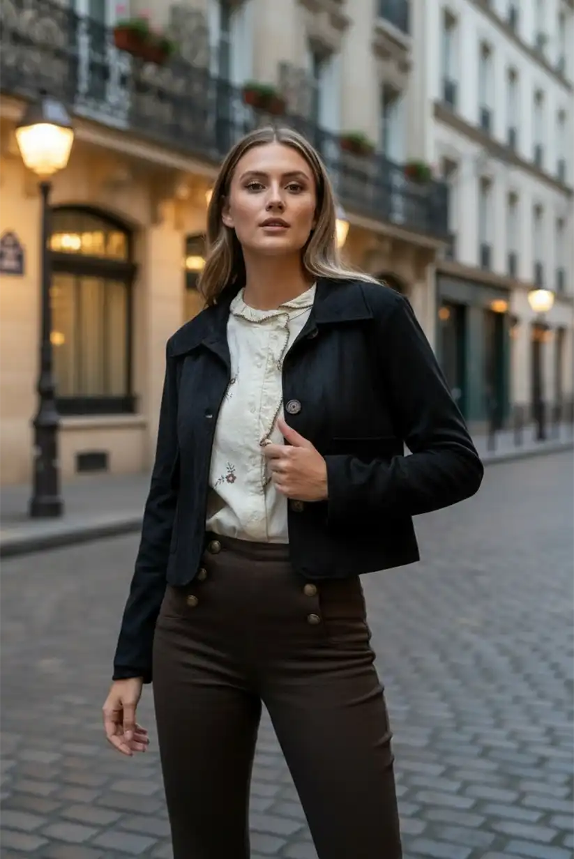 Chaqueta corta de antelina negra para mujer
