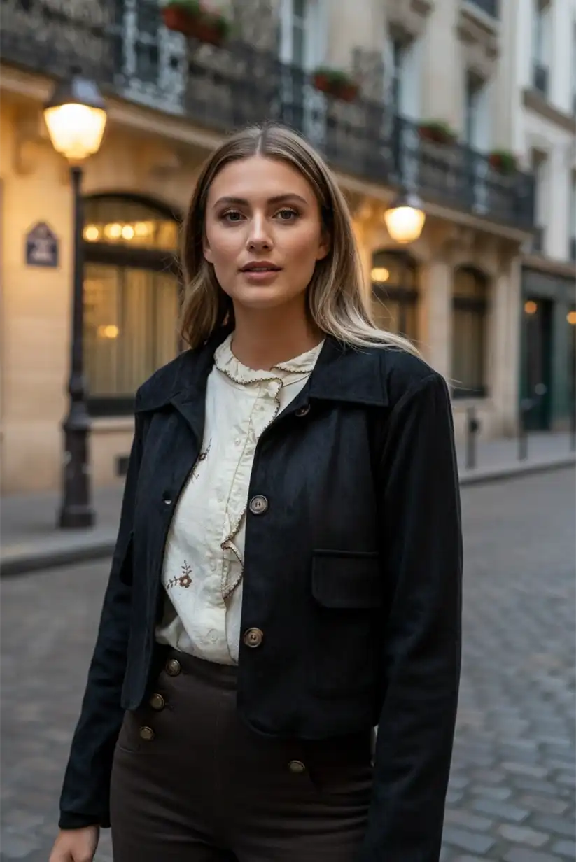 Chaqueta corta de antelina negra para mujer