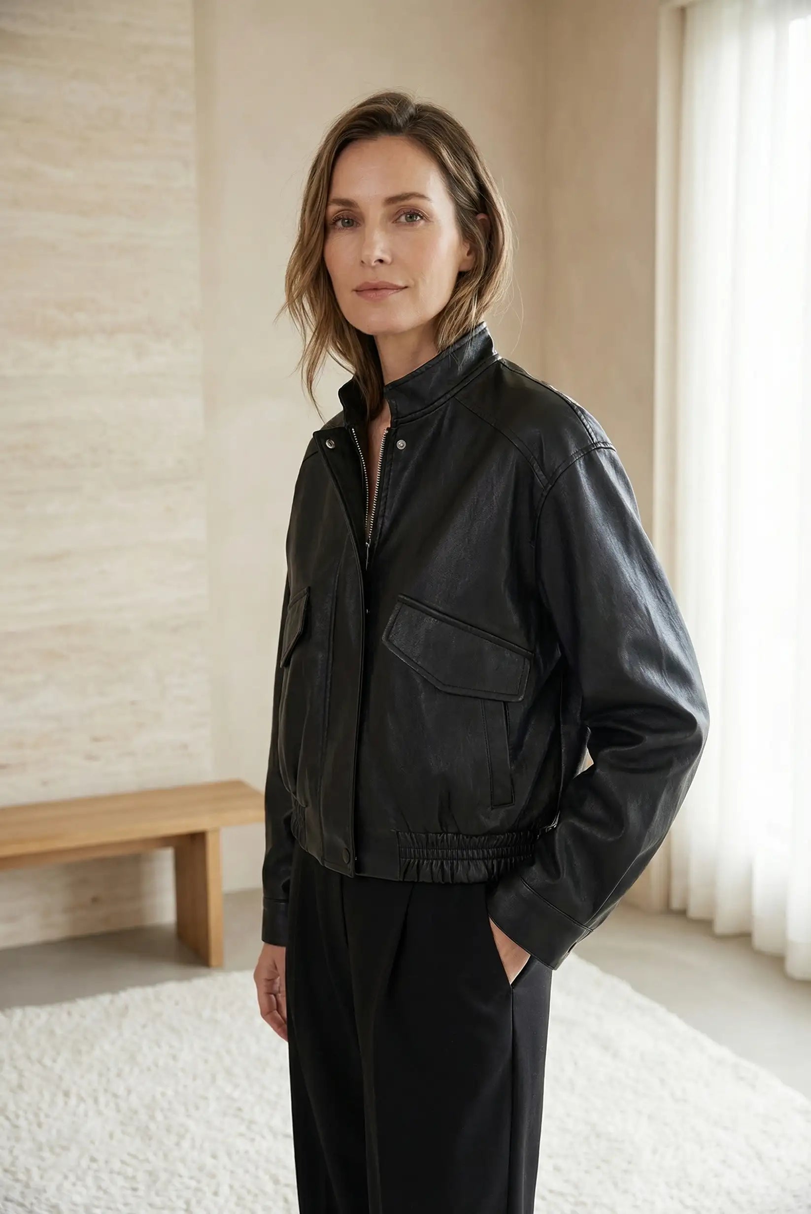 Chaqueta Mujer primavera estilo Tipo cuero Negra