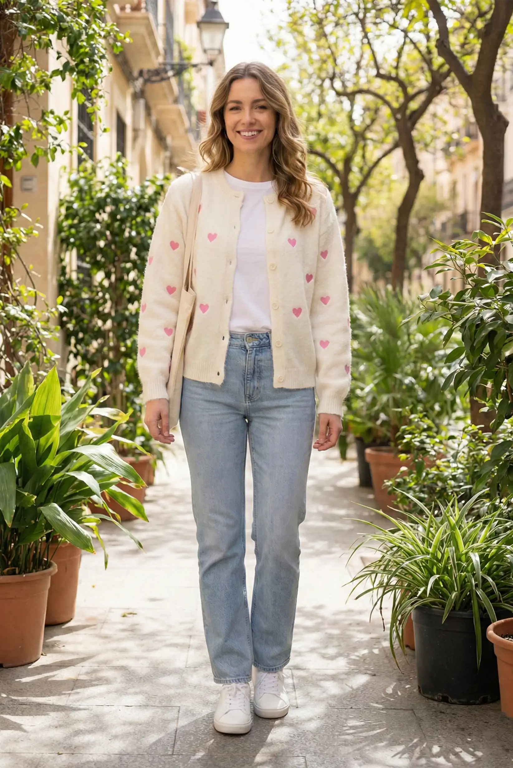 Chaqueta de punto mujer beige con corazones rosas y botones