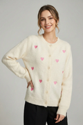 Chaqueta de punto mujer beige con corazones rosas románticos