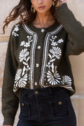 Chaqueta Verde Mujer con Bordados Florales Blancos Estilo Folk