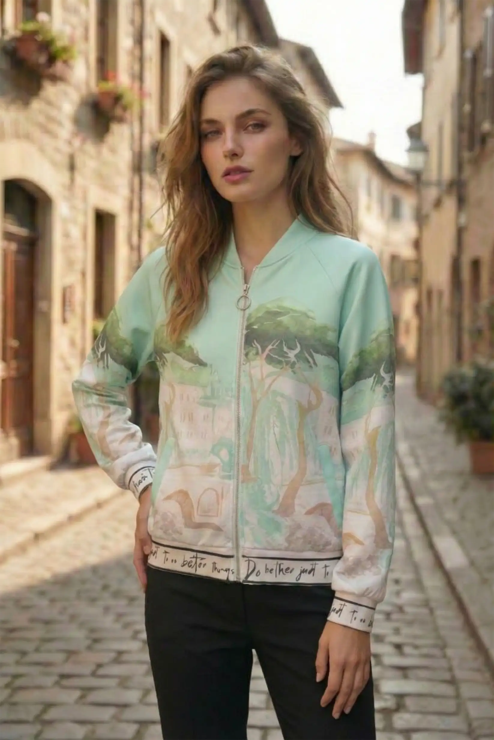 Chaqueta bomber mujer tejido ligero verde estampado safari