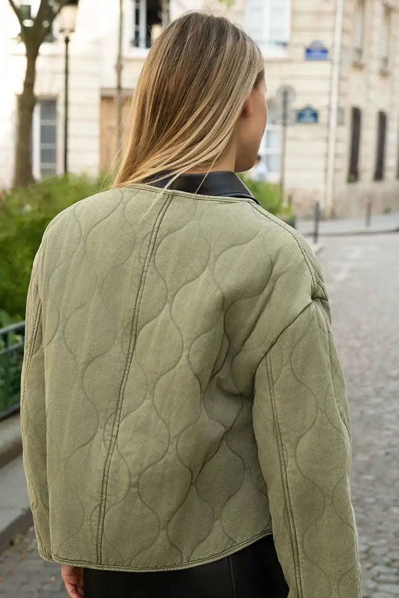 Chaqueta Acolchada Verde Kaki Mujer Sin Cuello 100% Algodón