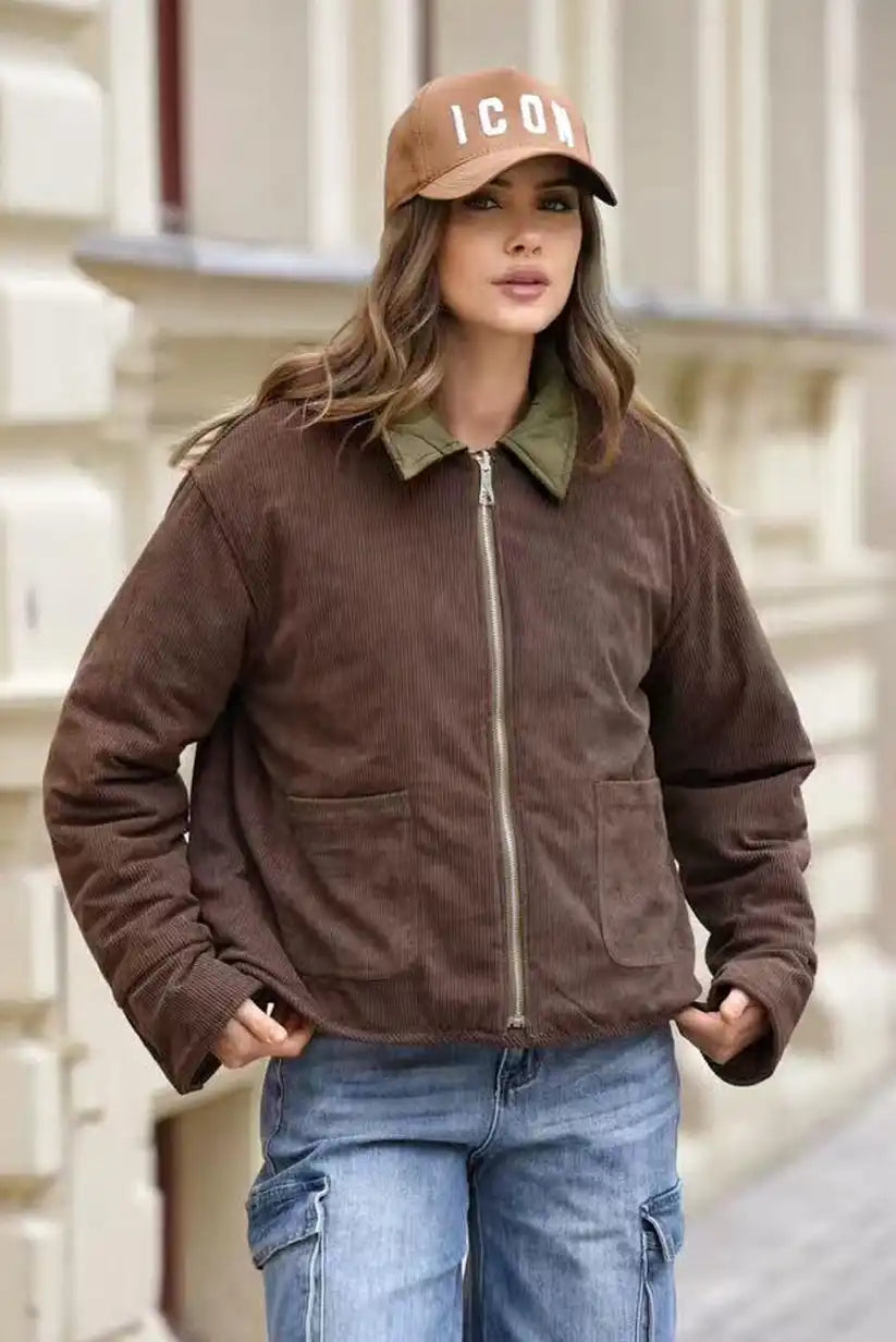 Chaqueta Mujer Reversible Verde Kaki y Pana Marrón Acolchada