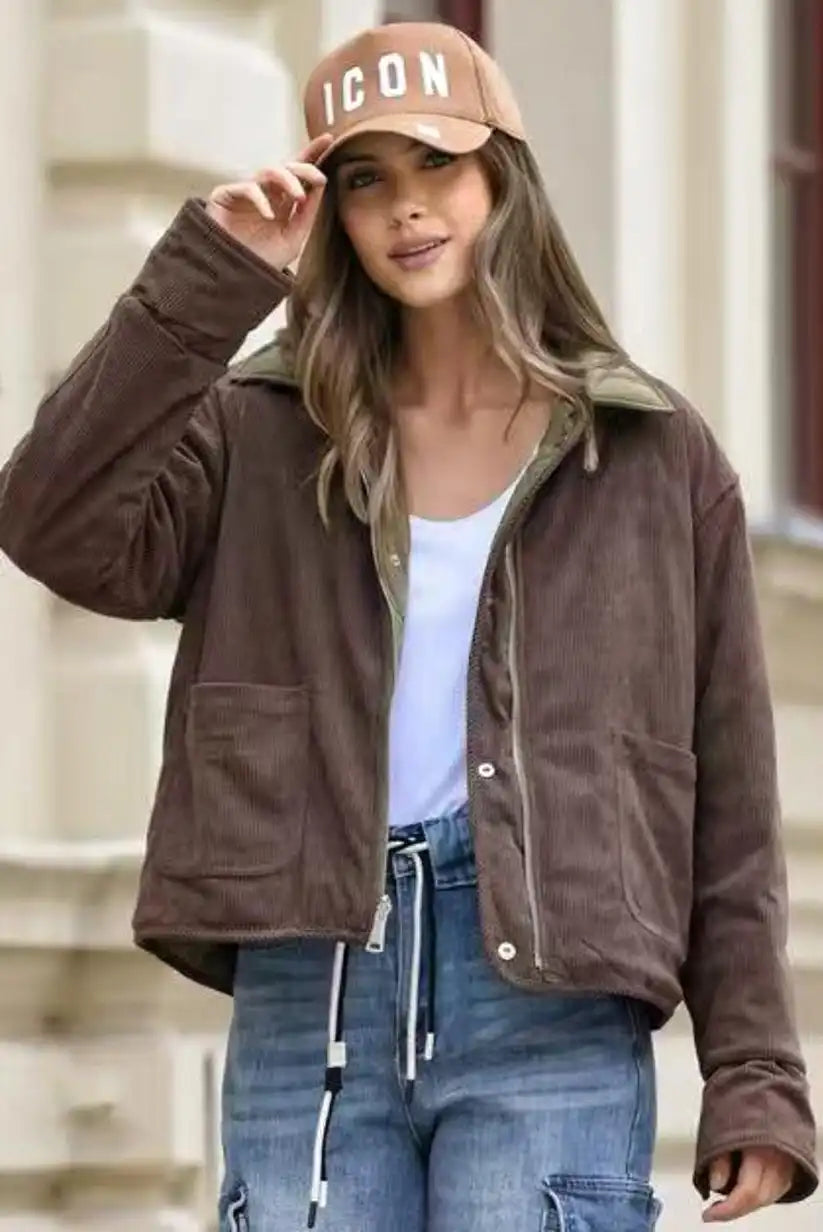 Chaqueta Mujer Reversible Verde Kaki y Pana Marrón Acolchada