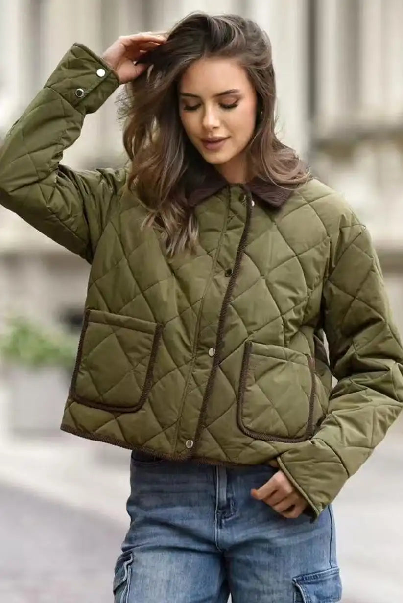 Chaqueta Mujer Reversible Verde Kaki y Pana Marrón Acolchada