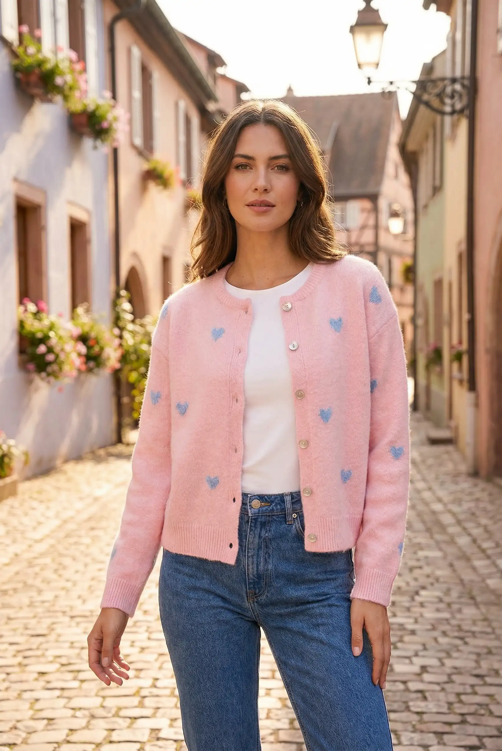 Chaqueta de punto mujer rosa pastel con corazones románticos