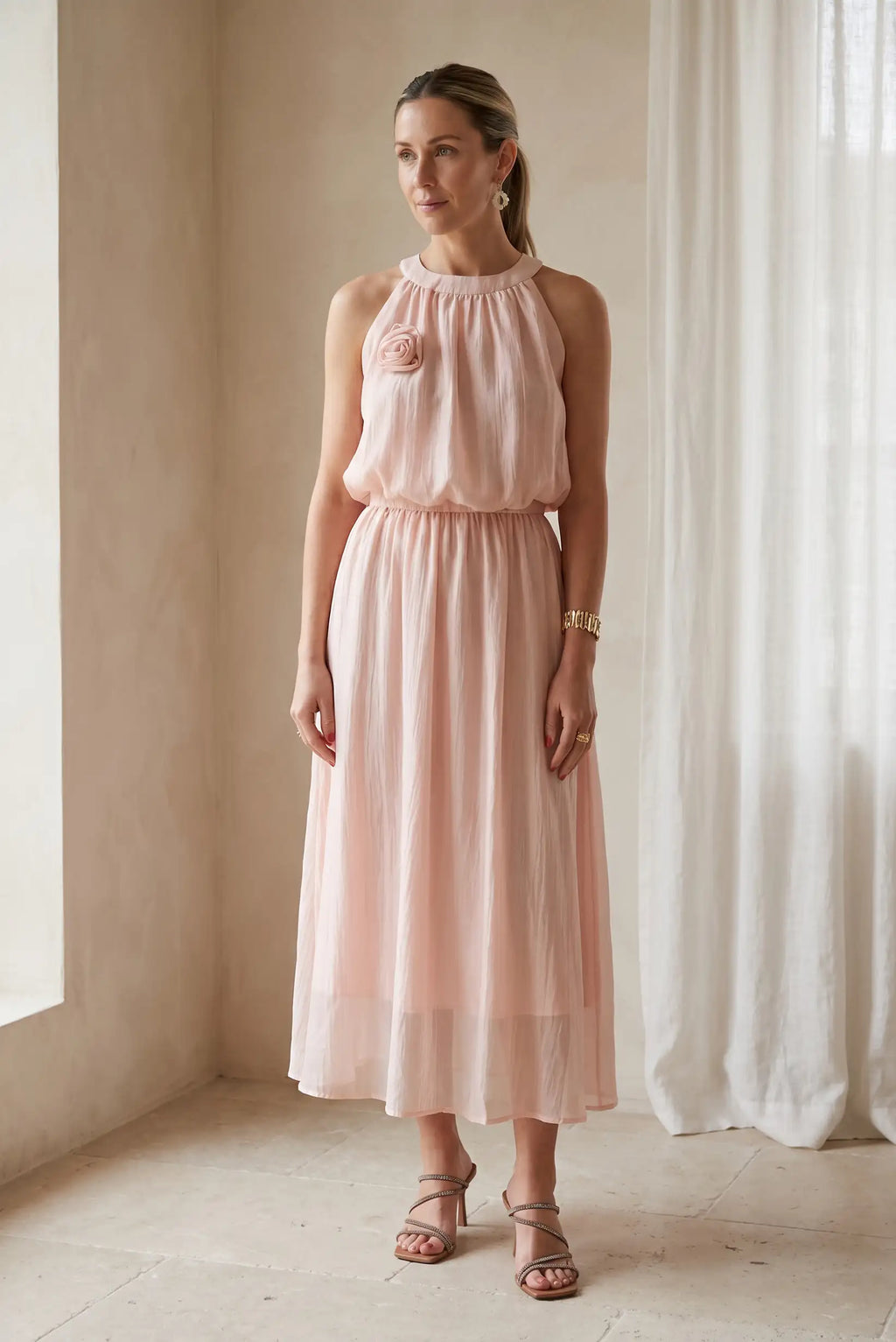Conjunto rosa empolvado mujer falda larga y blusa sin mangas algodón