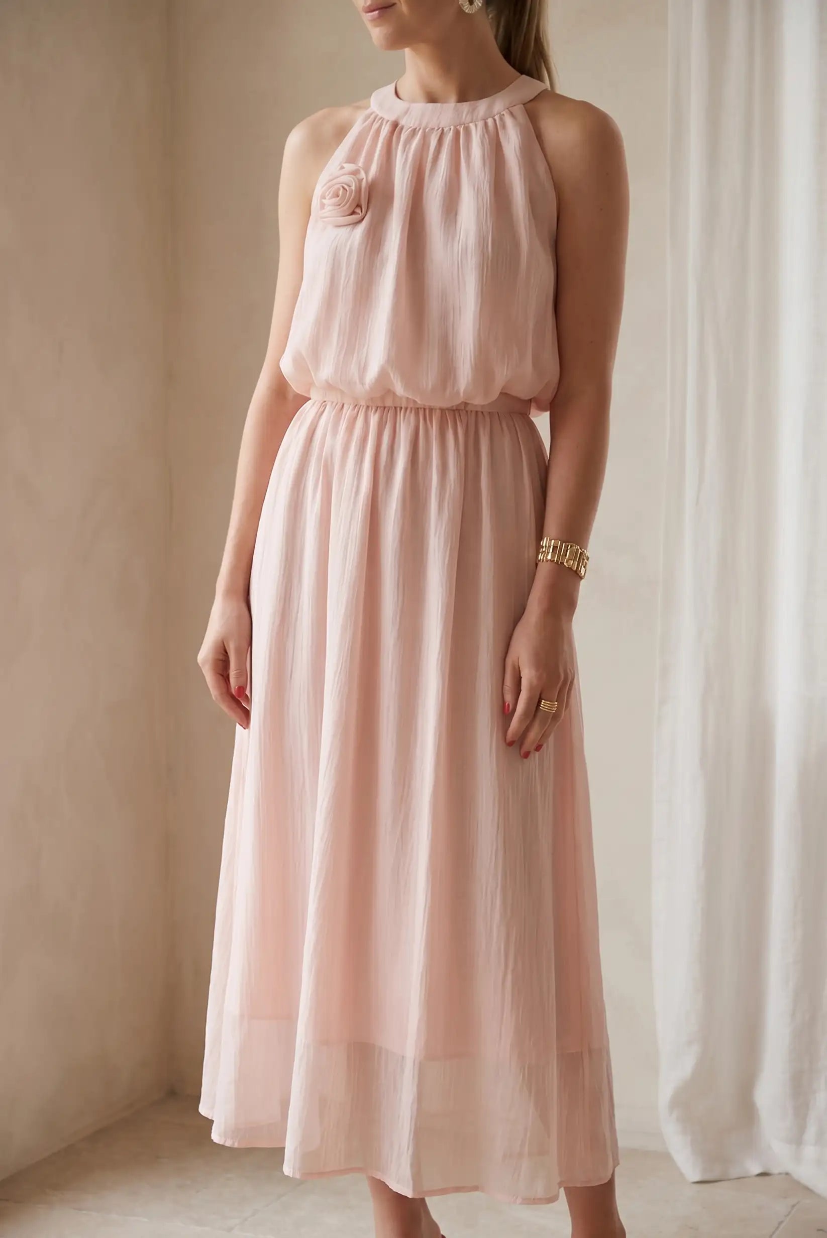 Conjunto rosa empolvado mujer falda larga y blusa sin mangas algodón