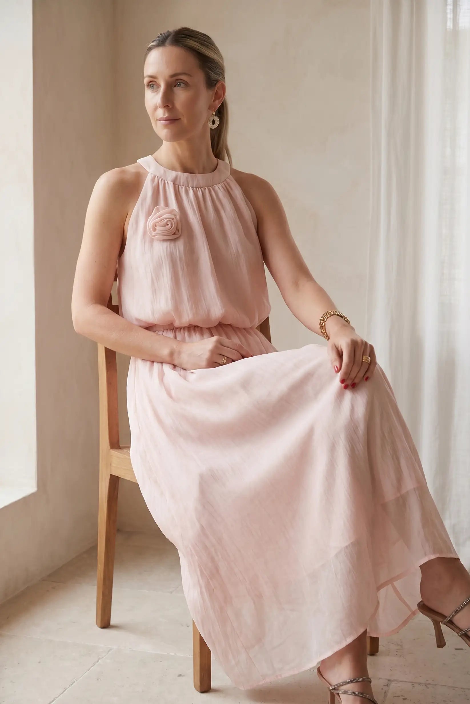 Conjunto rosa empolvado mujer falda larga y blusa sin mangas algodón